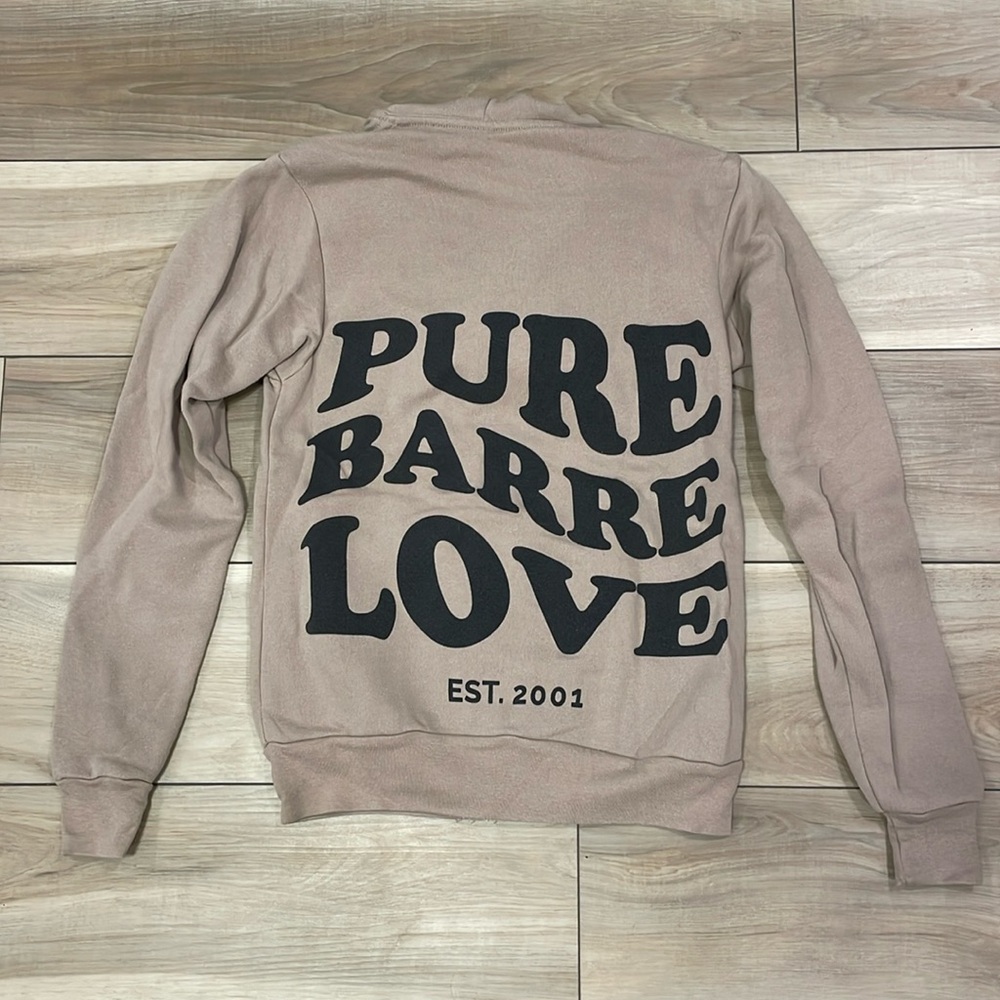 Pure Barre zip up sweatshirt with hood. Tan Pure Barre love.